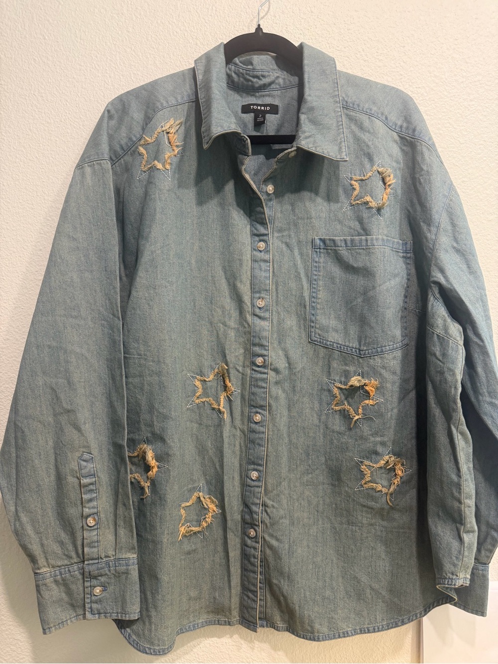 torrid light blue denim button-front shirt with star cutouts